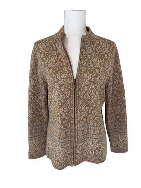 Pendleton Sweater Size Medium Full Zip Merino Wool Cardigan Brown Paisley